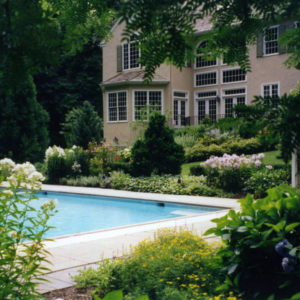 When designing a pool garden, a proper balance is needed between trees, shrubs and perennials.