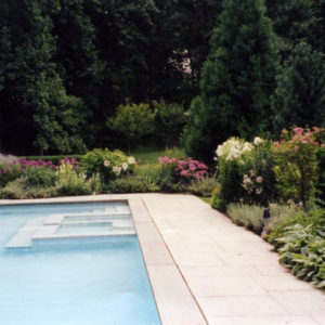 Pool gardens not only offer interest through colorful summer blooming shrubs and perennials, but can also help visually soften the appearance of the pool patio.