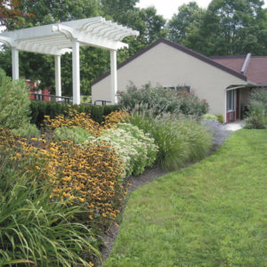 A sloped area can be designed into a beautiful garden with an array of ornamental grasses, blooming perennials, and flowering shrubs.