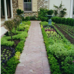 This brick walkway design with a herringbone pattern creates a functional walkway through this herb garden.